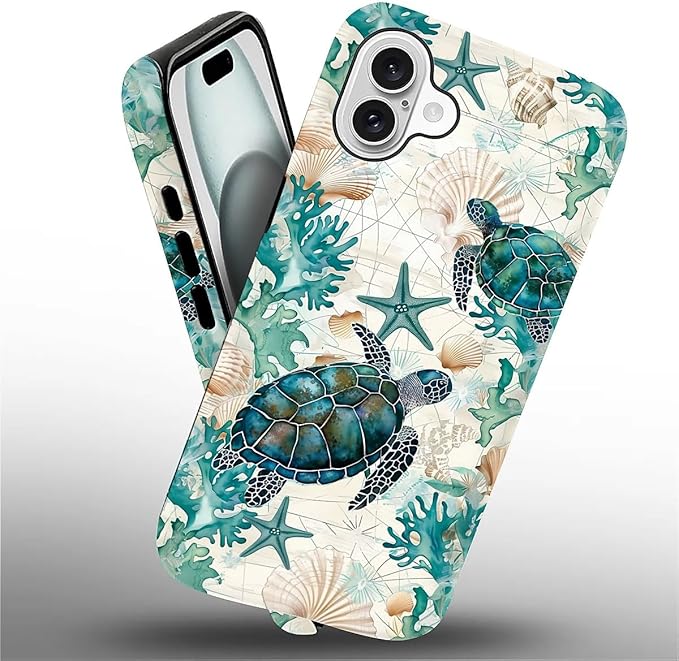 for iPhone 16 Case,HH2 Ocean Sea Turtle Nautical Map Hybrid 2 Layer Hard Shell Silicone Protective Pattern Design Case