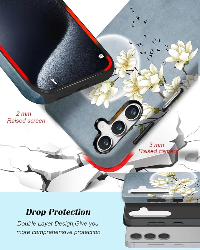 Compatible for Samsung Galaxy S25 Ultra 5G Case, Dual Layer Heavy Duty 2 in 1 Shockproof Protective Phone Case,Magnolia Flowers Mountain and Birds