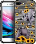 Case for iPhone 7 Plus/8 Plus, Cute Little Elephant Sunflower White Line Art Pattern, Soft Silicone Hard Acrylic for Shock Protection