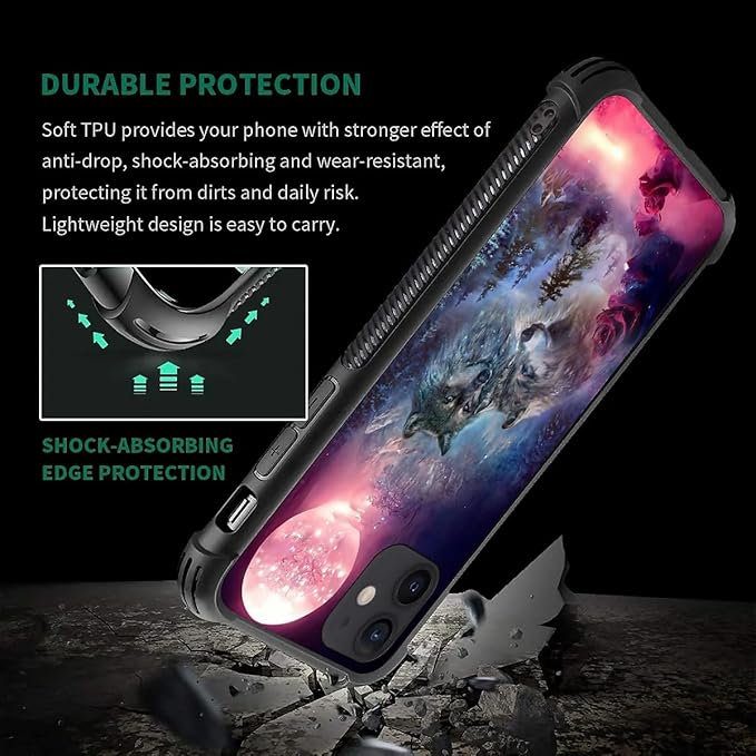 for iPhone 12/12 Pro Case, Star Two Wolfs Howling Pattern Graphic Design Girl Boy Soft Silicone Hard Acrylic Shock Protection for iPhone 12/12 Pro