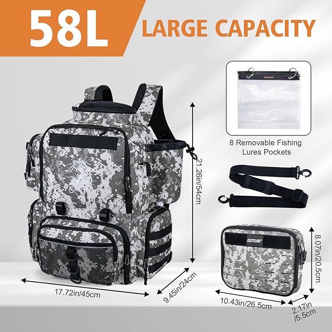 Goture Fishing Backpack, 58L 900D Water-Resistant Insulated Tackle Backpack with Cooler, Rod Holders, 8 Lure Pockets, Detachable Crossbody Bag, Gear Storage Large Fishing Bag for Camping Hiking
