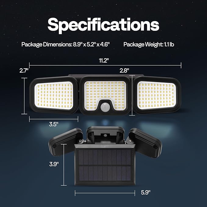 VIVOHOME Solar Flood Lights Outdoor, 256 LED 2500LM Motion Sensor Lights, 3 Adjustable Heads Security Lights, IP65 Waterproof, 270° Wide Lighting Angle Solar Powered Lights for Porch, Yard