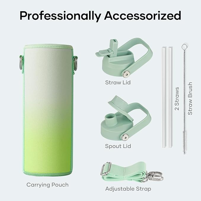 BUZIO 24 oz Insulated Water Bottle, Stainless Steel Wide Mouth Water Flask with Straw Lid, Cold for 48 Hrs Leak Proof Metal Hydro Thermo Canteen Mug, Gradient Green