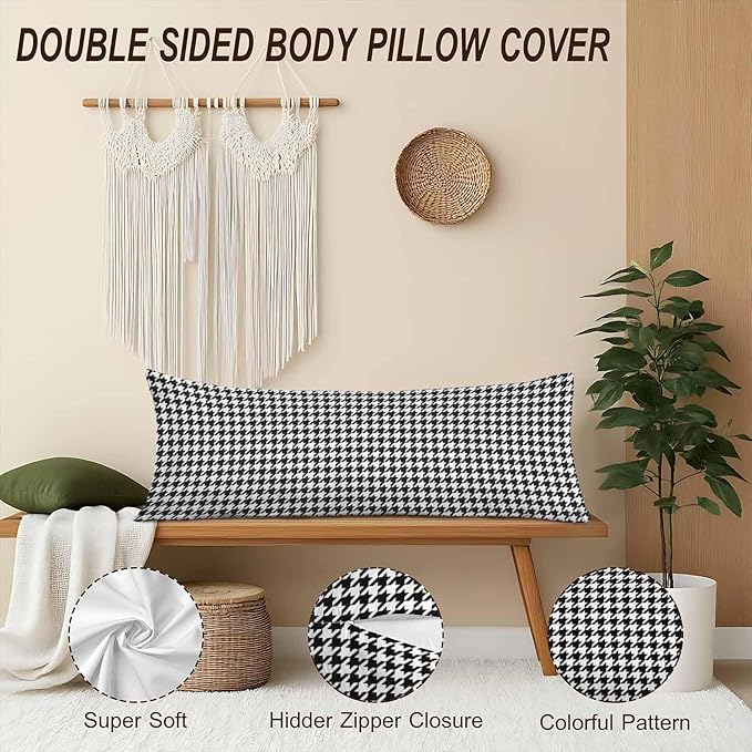 20"X54" Body Pillow Case Houndstooth, Black White Houndstooth Plaid Side Sleeper Body Pillow Covers Long Pillow Case Protector Accent Throw Pillow Cushion Cover for Couch Bed Sofa Car