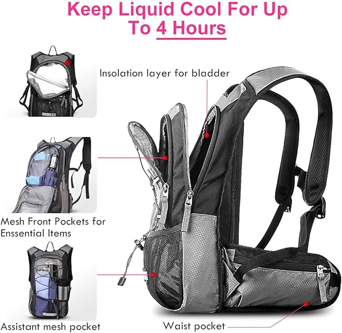 Mothybot Insulated Hydration Backpack Pack with 3L BPA Free Leak Proof Water Bladder, Large Storage Lightweight Hiking Daypack with Waist Pouches & Cooler Layer, for Running, Biking, Camping, Festival