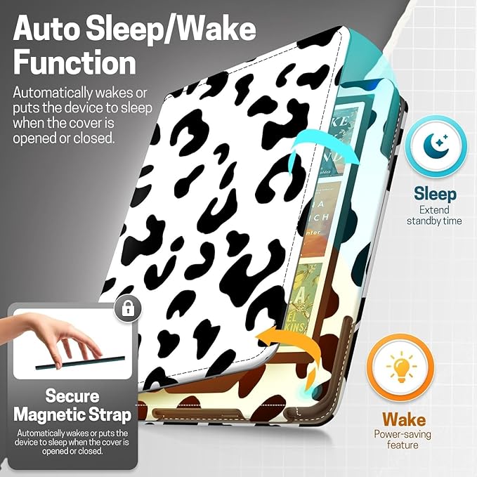 TNP Stand Case for Kindle Paperwhite 12th Generation 2024 / Kindle Colorsoft Signature Edition with Hand Strap & Card Slot - 7" PU Leather Protective Folio Cover with Auto Wake/Sleep, Cow Print