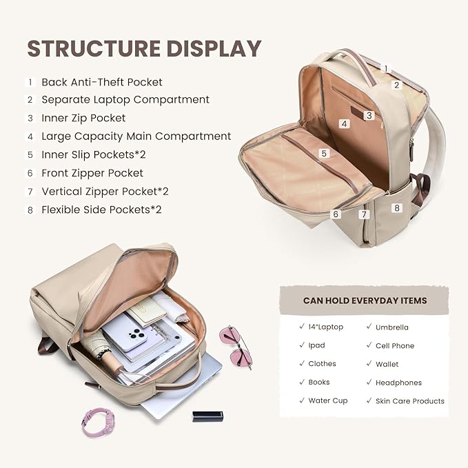 Laptop Backpack for Women, Work Business Traval Computer Backpacks with Laptop Compartment Waterproof Casual Daypack for Travel College,14Inch,Apricot