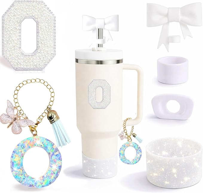 6PCS White Stanley Cup Accessories Set Fit for Stanley Cup 30oz 40oz. Including Handle Charm, Personalized Initial Sticker, Straw Topper, Sparkly Silicone Boot, Spill Proof Stopper (Letter-O)