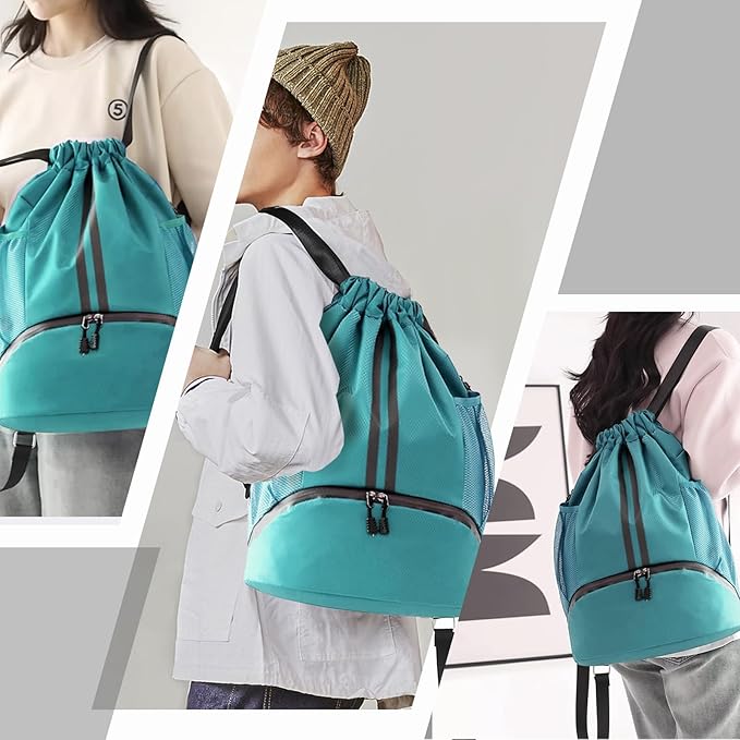 Hoedia Sports Drawstring Backpack - String Swim Gym Bag with Shoes Compartment and Wet Proof Pocket for Women/Men (Teal)