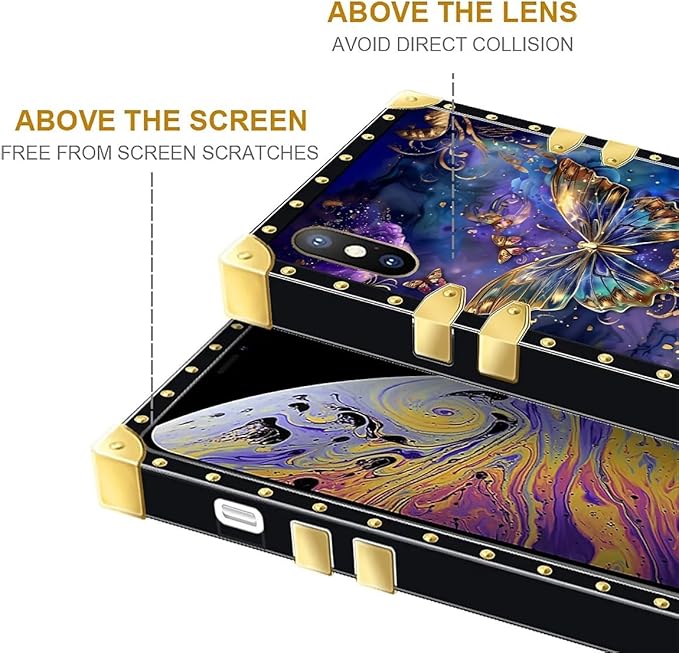 Compatible with iPhone Xs Max Case, Glistening Golden Butterfly Vibrant Purple Blue Luxury Golden Decoration for Girl Women Soft TPU Shockproof Protective Hard PC Back