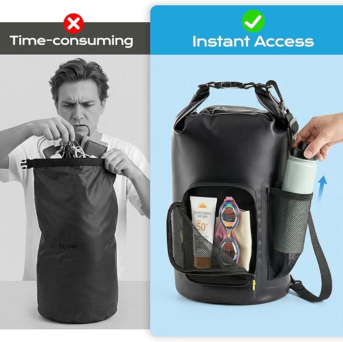 20L Waterproof Dry Bag with Bottle Holder & Mesh Pocket, 500D PVC Tarpaulin Roll Top Dry Sack with Inner Waterproof Adsorption Film, Large Dry Storage Bag for Kayaking, Camping, Beach, Boating