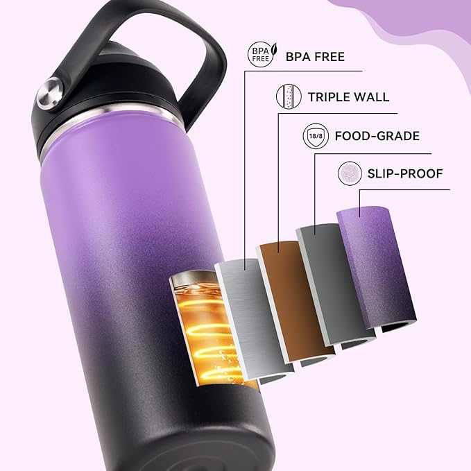 Fijinhom 18oz Insulated Stainless Steel Water Bottle, Wide Mouth Double Wall Vacuum, Silicone Straw, Sweat & Leak Proof, BPA Free Insulated Water Flask for Travel, Purple & Black