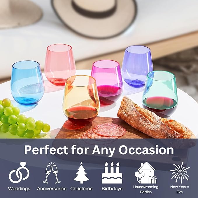 European Style Plastic Crystal Unbreakable Stemless Wine Glasses | Set of 12 | Acrylic Glasses Tritan Bright Color Shatterproof BPA-free, Outdoor, Pool, Indoor, Hand Wash 15oz Gift, Everyday & Holiday