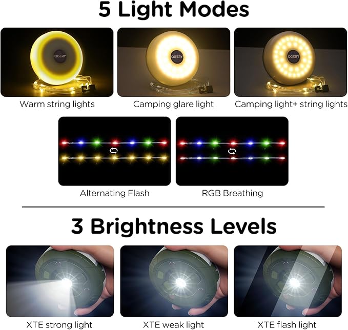 OGERY Camping String Lights, 4 in 1 Quick Storage 32.8FT Rechargeable Tent Lights String with 8 Lighting Modes, Hanging Waterproof Portable LED Lamp for Outdoor Patio Awning Garden Camping Essentials