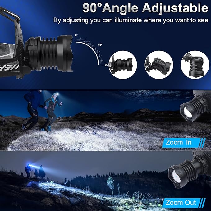 Rechargeable LED Headlamp 1080 Lumen, Super Bright Head Lamp Flashlight with 5 Lighting Modes, IPX6 Waterproof, Zoomable Headlight for Camping, Hiking, Fishing, Biking (2pack） (2pack headlamp)