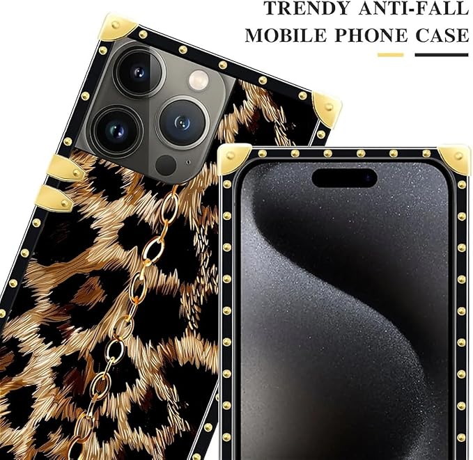 Compatible with iPhone 16 Pro Max Case, Seamless Gold Chain Leopard Luxury Golden Decoration for Girl Women Soft TPU Shockproof Protective Hard PC Back