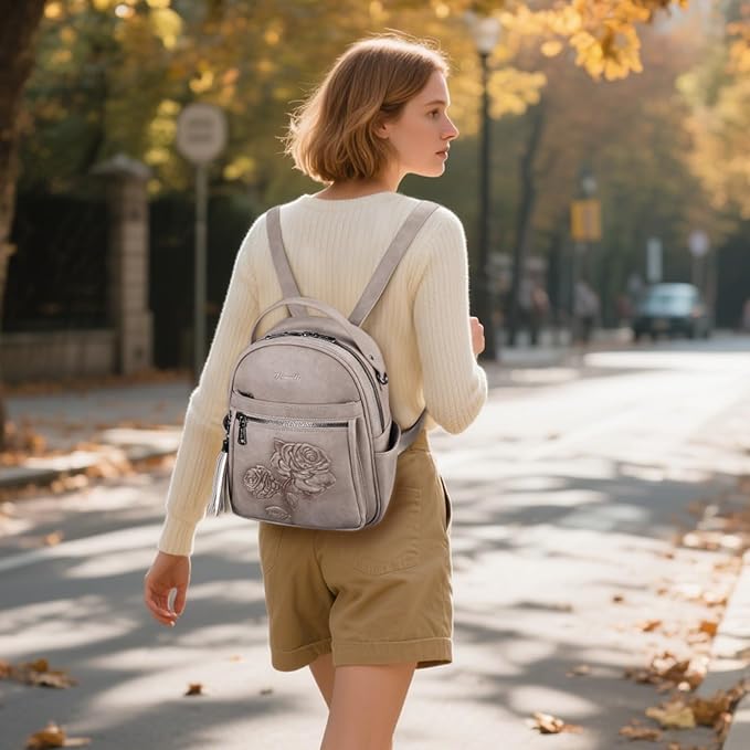 Mini Backpack Purse for Women,Embossed Leather Small Backpack Fashion Travel Backpacks Daypacks Shoulder Handbag (GRAY-Flower)