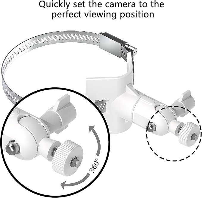 Universal Adjustable Stainless Mount Bracket Outdoor Security Camera 360 Degree hoop Hose Clamp Pipe Poles Mount No-drill holes Compatible with Reolink/Nest/Arlo/Eufy/Wyze and other camera (White)