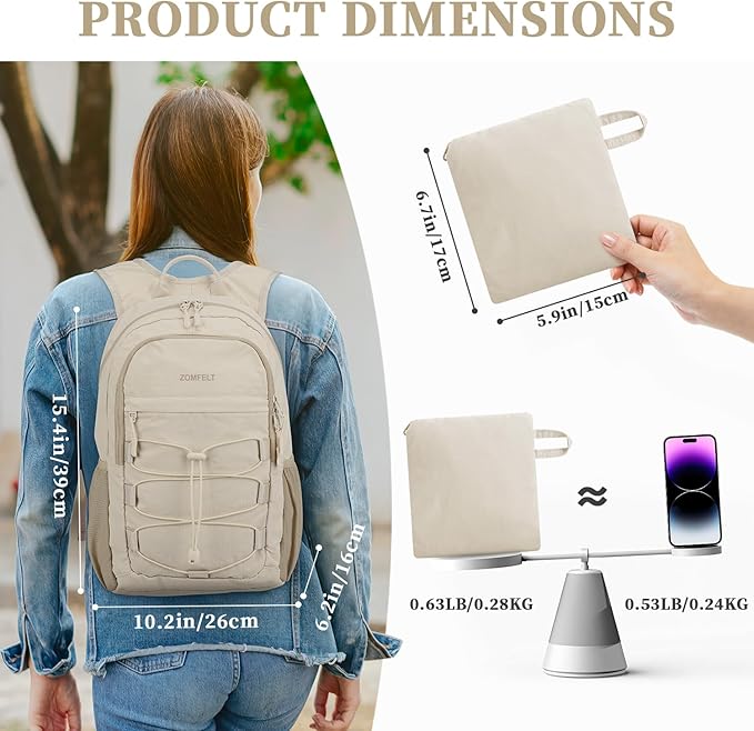ZOMFELT Hiking Backpack for Women Men, 15L Lightweight Packable Backpack for Trip, Water Resistant Small Travel Backpacks, Foldable daypack for Hiking, Walking, Cycling, Camping, Beige
