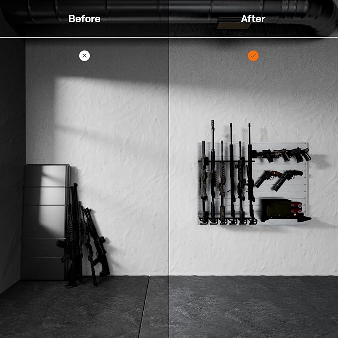Hold Up Displays Gun Wall Mount Display, Modular Tactical Wall for 6 Pistols and 6 Rifles, Police Gear Rack and Equipment Organizer, Heavy-Duty Aluminum Light Silver Slatwall Gun Storage System