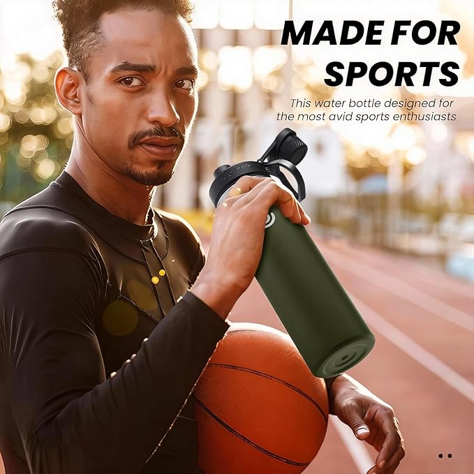 Sports Water Bottle 22oz, Insulated Water Bottle with Handle,Stainless Steel,Simple Modern,Suitable for Travel, School, Boy, Girl(Army Green)