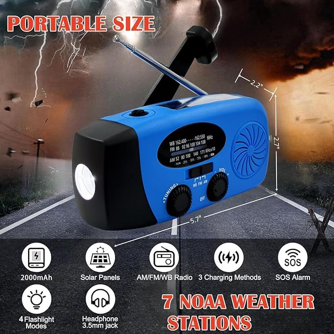 2000mAh Weather Emergency Radio, Portable Solar AM/FM/NOAA Hand Crank Radio, Cell Phone Charger with SOS, 1W LED Flashlight, Headphone Jack, Power for Emergency Preparedness