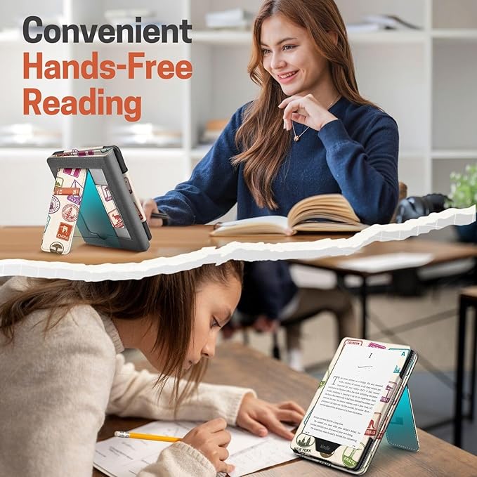 TNP Stand Case for Kindle Paperwhite 12th Generation 2024 / Kindle Colorsoft Signature Edition with Hand Strap & Card Slot - 7" PU Leather Protective Folio Cover with Auto Wake/Sleep, World Stamp