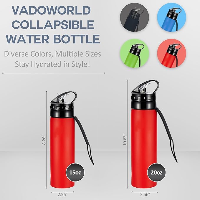 Collapsible Water Bottles 15oz, Odorless BPA-Free Silicone, Leak-Proof Foldable Reusable Bottle - Perfect for Cruise Travel Sports Gym Hiking Camping Cycling - Red