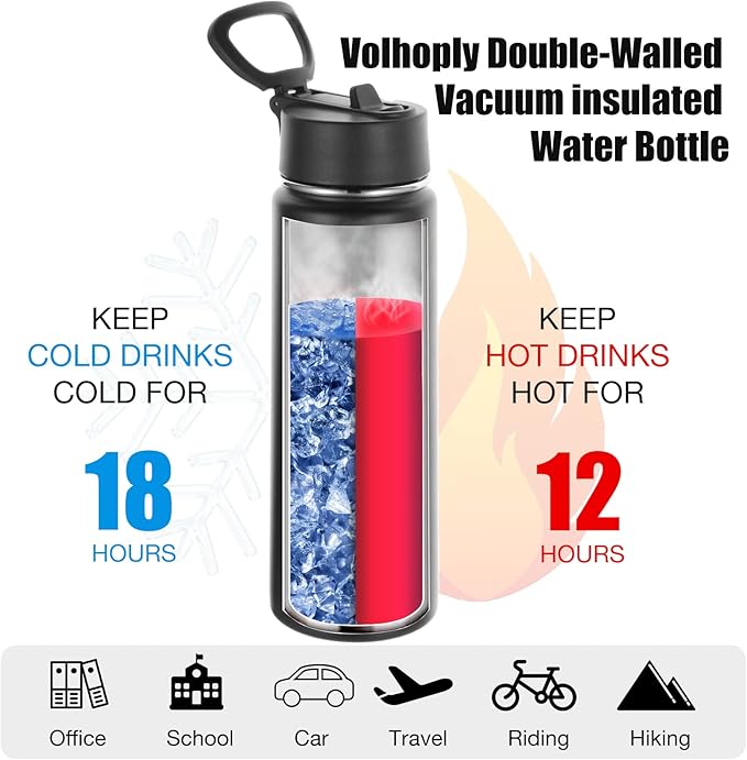 Volhoply 24oz Insulated Water Bottle With Straw Bulk 3 Pack,Metal Wide Mouth Water Bottles With Handle Lid Keep Cold,Reusable Double Wall Cups,Powder Coated Sport Bottle For Holder(Mix,3 Count)