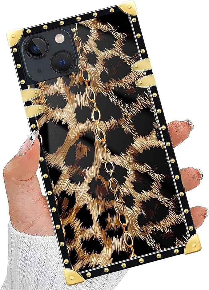 Compatible with iPhone 13 Case, Seamless Gold Chain Leopard Luxury Golden Decoration for Girl Women Soft TPU Shockproof Protective Hard PC Back for iPhone 13