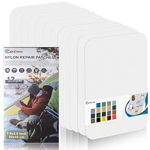 Cahomo 7.9x3.9 inch 12 PCS Nylon Repair Patch Nylon Repair Tape Self Adhesive Fabric Tapes Outdoor Camping Gear Fabric kit for Tent, Umbrella, Down Jackets, Sleeping Bag, Knapsack（White）