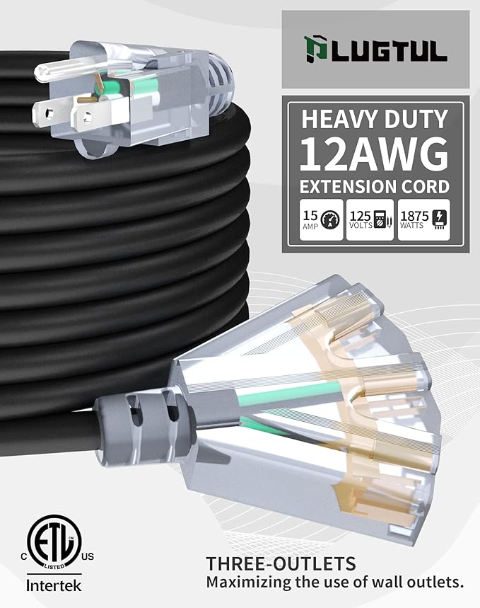50Ft 12/3 Outdoor Extension Cord with 3-Outlets, Heavy Duty 12 Gauge 3 Prong Extension Cord Waterproof with Lighted end, 15A 12AWG 1875W SJTW, ETL Listed - Great for Garage, Garden and Home, Black