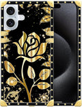 Compatible with iPhone 16 Plus Case, Shine Gold Rose Luxury Golden Decoration for Girl Women Soft TPU Shockproof Protective Hard PC Back for iPhone 16 Plus