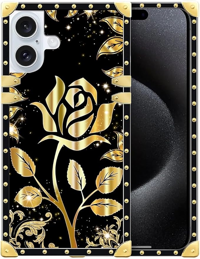 Compatible with iPhone 16 Plus Case, Shine Gold Rose Luxury Golden Decoration for Girl Women Soft TPU Shockproof Protective Hard PC Back for iPhone 16 Plus