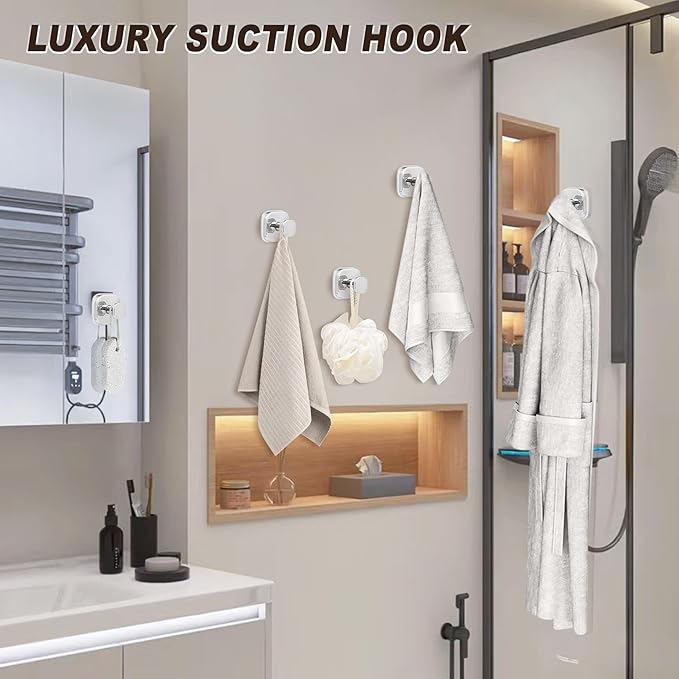 Suction Cup Hooks for Shower Heavy Duty No-Drill– Reusable Multi-Purpose Hooks Adheres to Glass, Mirrors, Tiles & Smooth Surfaces for Towels, Robes, Loofah& Body Sponge (4, Chrome Polished)