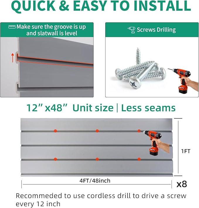 FRAYSCENT Slat Wall Paneling Garage Slat Wall Storage Systems Slatwall Panels Power Tool Organizer Wall Mount, PVC Garage Storage & Organization Products Slate Board (Grey, 4ft x 8ft with 26 Hooks)