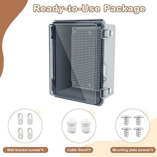 Nineleaf Electrical Junction Box IP67 ABS Plastic WiFi Enclosure with Hinged Cover with Mounting Plate, Wall Brackets, Cable Glands (Clear, 8.7"x6.7"x4.3")