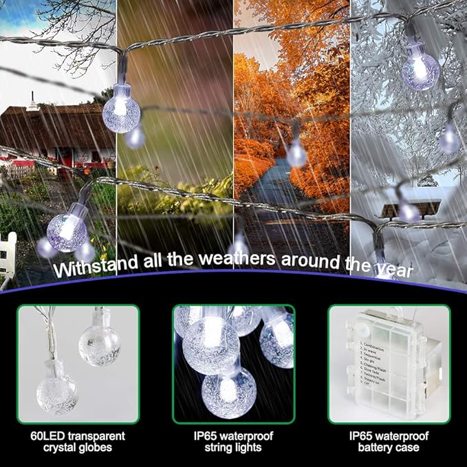 Metaku Outdoor String Lights Battery Operated 26ft 60LED Fairy Lights with Remote Waterproof Indoor Outdoor Hanging Globe Decorative for Patio Gazebo Bistro Garden Balcony