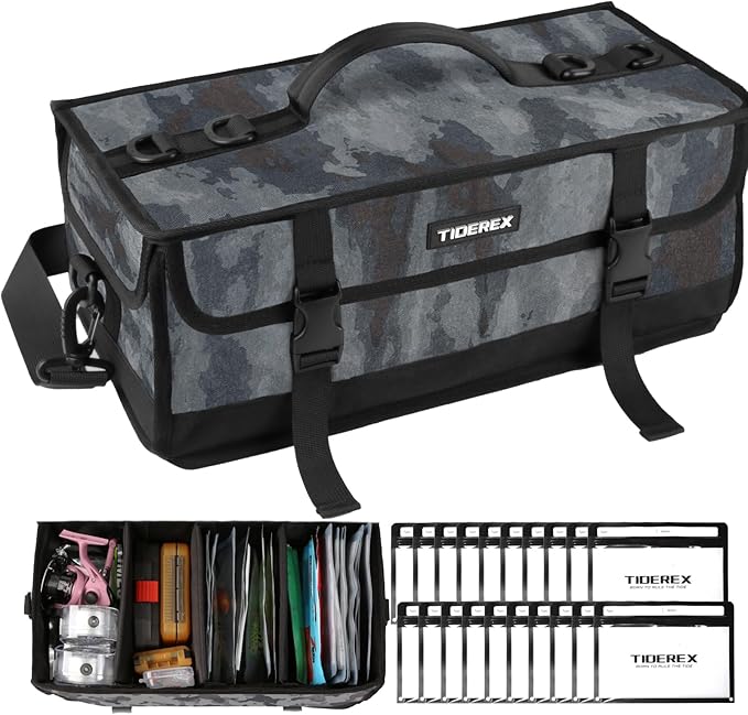 Large Fishing Tackle Bag for Soft Plastic Baits Storage, 20PCS Soft Bait Clear Storage Bag, Fishing Gear Organizer for Weights, Reels & Hooks, 900D Waterproof Oxford Fabric
