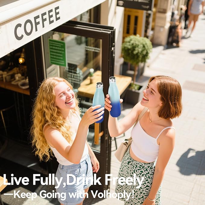 Volhoply 17oz Insulated Stainless Steel Water Bottle, Double Wall Vacuum Flask, Keeps Cold 24h & Hot 12h, Available in Packs of 1, 4, or 8（Green Blue,1 Pack）