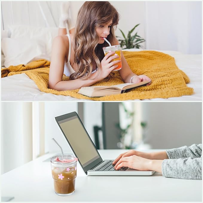 Iced Coffee Cup, 15Oz/450ml Glass Cups With Lids And Straws, Iced Coffee Glasses Tumbler, Thick Wall Mug For Tea Water With Glass Straw, Coffee Cute Tumbler Gifts (Pink)