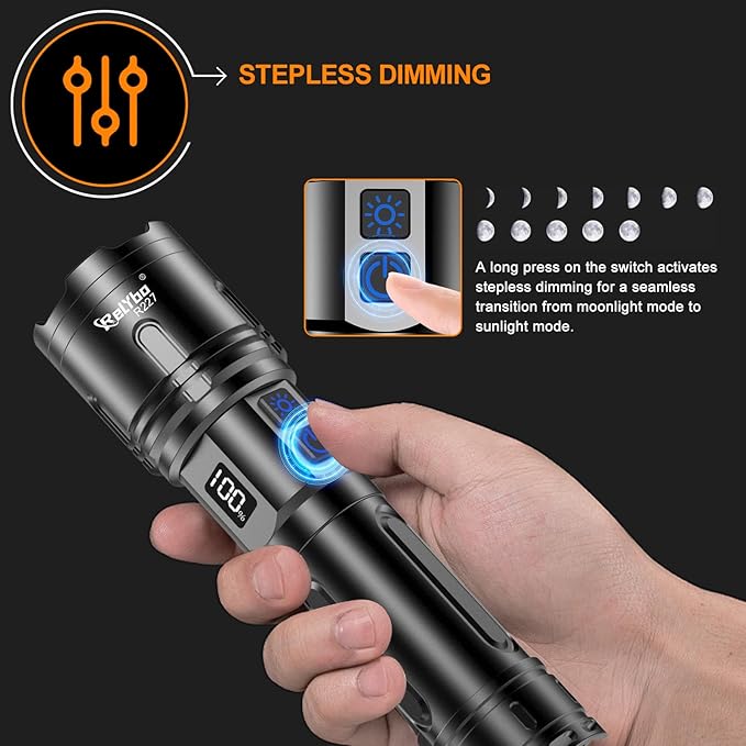 Relybo Rechargeable Flashlights High Lumens, LED Flashlight 100000 Lumens, Super Bright High Powered Flashlights, Long Rang 5000 FT, 2 Switch, Powerful Flashlights for Home Emergency Camping