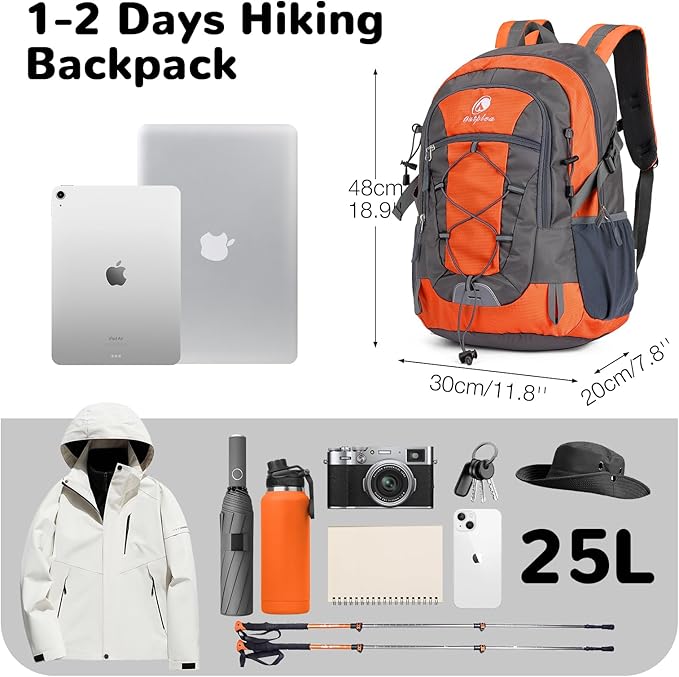 25L Small Hiking Backpack with Chest Strap for Men Women, Waterproof Travel Backpack Day Pack, Lightweight Padded Hiking Daypacks for Camping Traveling Outdoor Sports, Orange