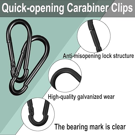 Black Carabiner, Heavy Duty Galvanized Steel Spring Snap Hook Carabiner Clips with 1000LBS Holding Capacity, Ideal for Outdoor, Hammock, Swing and Travel (2PCS M12 4.7Inch)