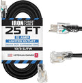 Iron Forge Cable 25 ft Lighted Outdoor Extension Cord - 10/3 SJTW Heavy Duty Black Extension Cable with 3 Prong 15 AMP Grounded Plug for Safety