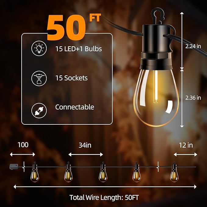 Outdoor Patio String Lights 50ft: S14 LED Shatterproof Bulbs 3 Modes Button Control - Waterproof Connectable Hanging Lights - Garden Backyard Yard Gazebo Porch Party Decorative