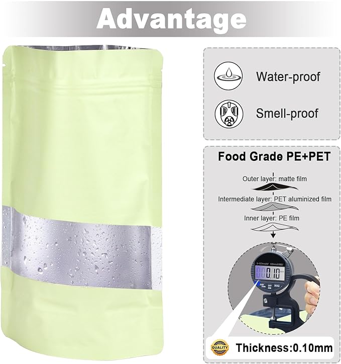 7.1"x10.2" 1 Quart 120pcs Mylar Bags for Food Storage,Smell Proof Bag with Matte Window Resealable Food Storage Bags for Small Business, Stand-up Foil Pouch Packaging Freeze Dried Candy Bag(Beige)