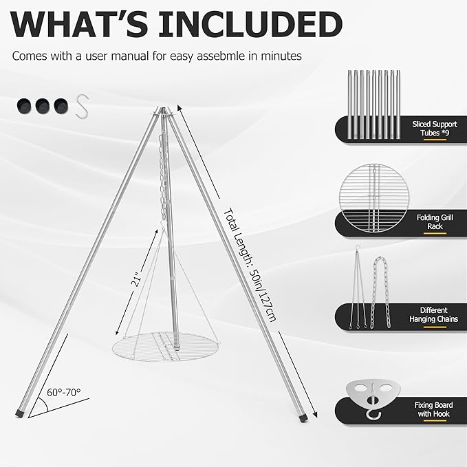 Stainless Steel Campfire Tripod for Cooking, HaSteeL Camping Tripod Grill with 17” Folding Grate, Heavy Duty Openfire Stand Hanger for Outdoors Beach Firepit BBQ, Detachable Handle, Adjustable Height