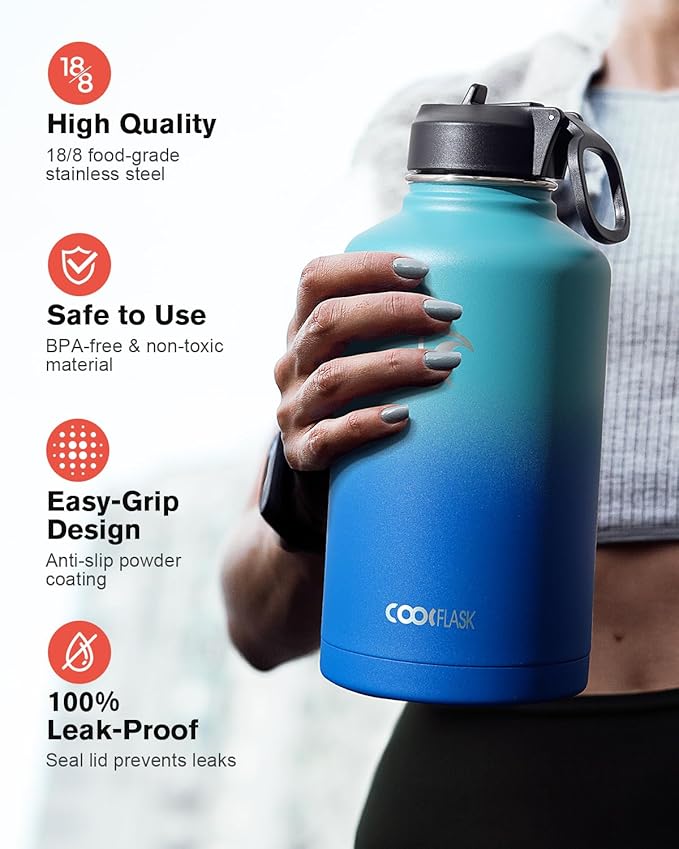 Coolflask Half Gallon Water Bottle Insulated with Straw & 3 Lids, 64 oz Water Jug Large Metal Stainless Steel Wide Mouth for Sports, Gym or Office, Non-BPA Keep Cold 48H Hot 24H, Indigo Blue