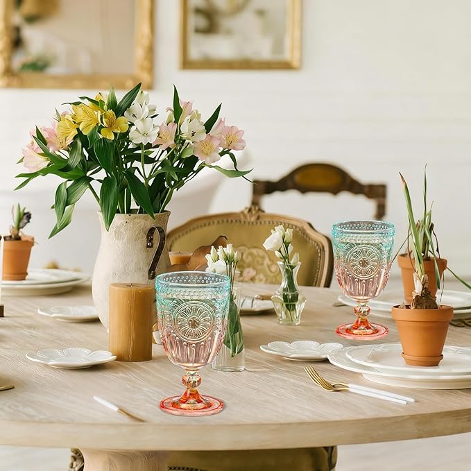XUWAIDSGN 12Pcs Plastic Vintage Wine Glasses 13.5oz Reusable Embossed Goblet Glasses Green Orange Gradien Retro Wine Glassware Unbreakable Stemmed Champagne Water Cups for Cocktail Juice Wedding, bach